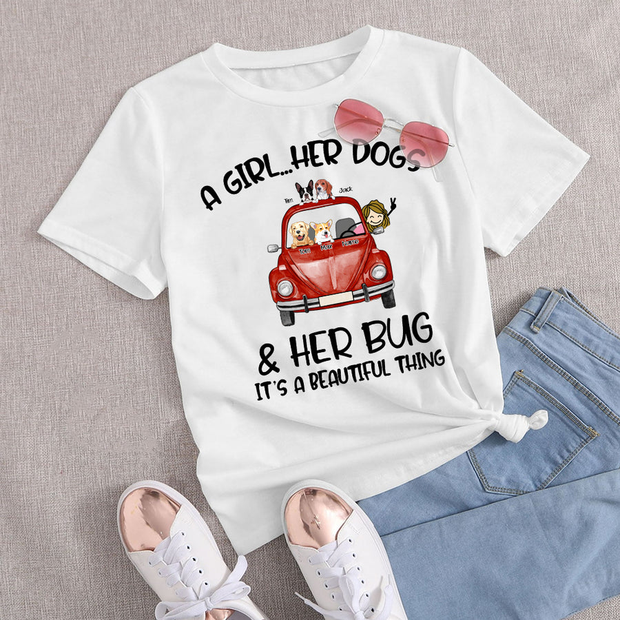 89Customized Personalized 2D Shirt Bug Girl VW Beetle Van Dog
