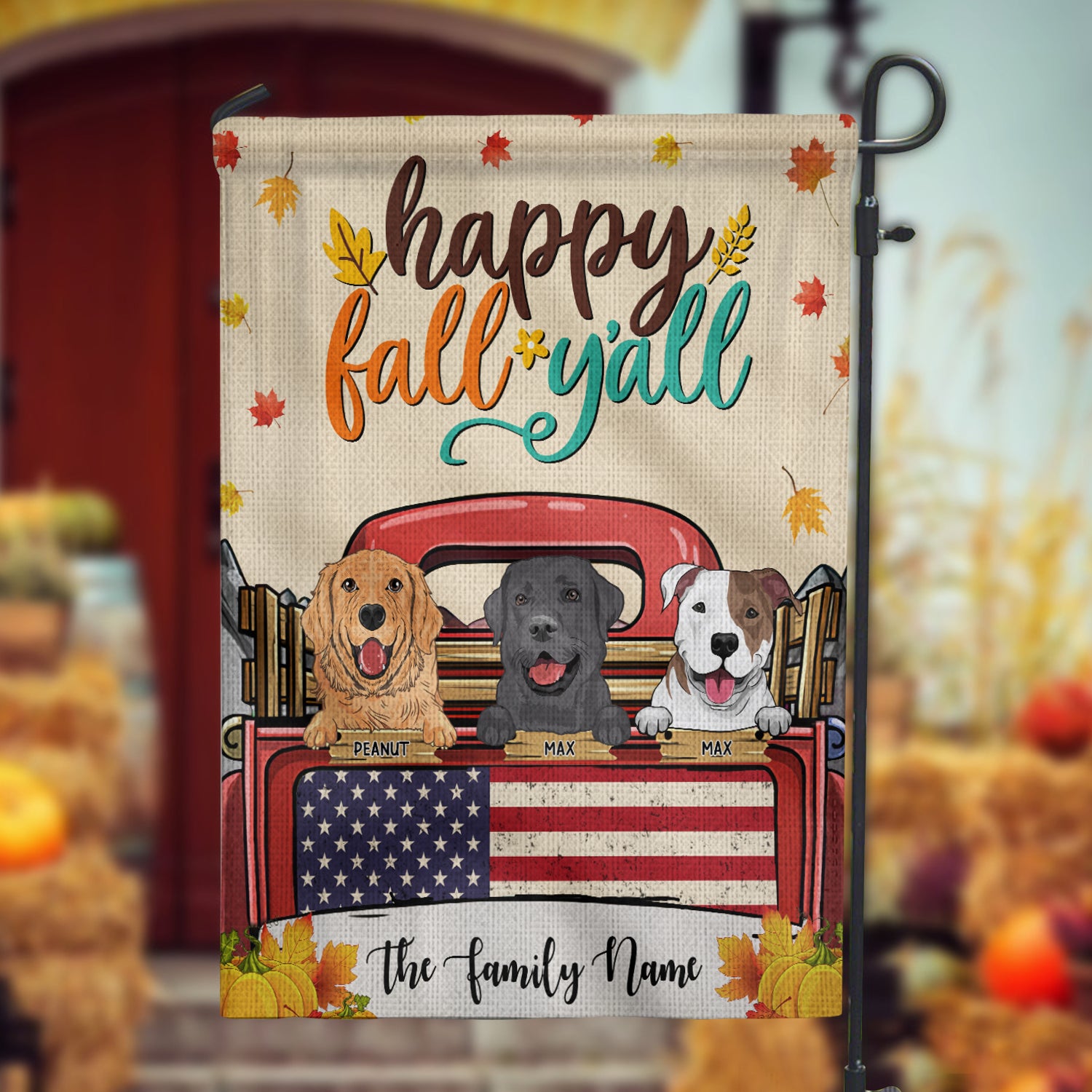 89Customized Happy Fall Y'all Dogs Personalized Garden Flag