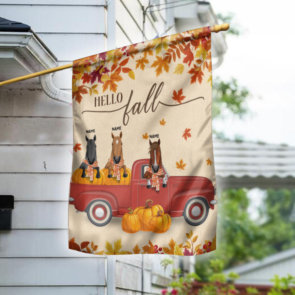 89Customized Hello Fall Horses Welcome Personalized Garden Flag