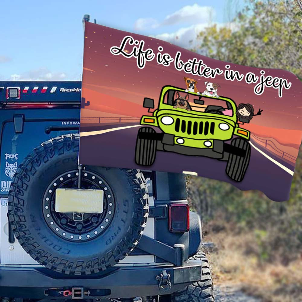 89Customized This Is How We Roll Couple With Dogs And Cats In A Jeep Personalized House Flag