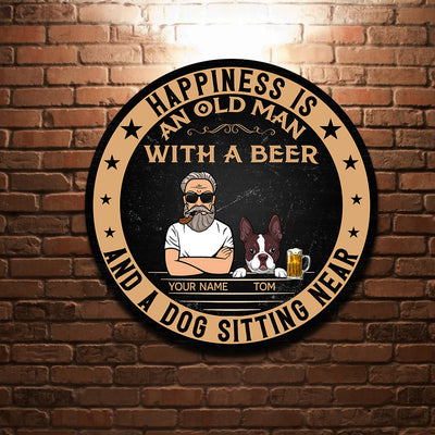 89Customized Old man with a beer and a dog sitting near Customized Wood Sign