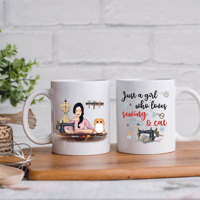 89Customized Just a girl who loves sewing & cats Personalized Mug