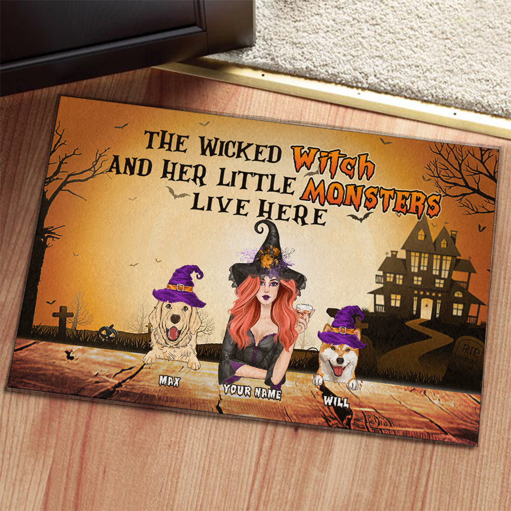 89Customized The wicked witch and her little monsters live here Halloween Witch and her dogs Customized Doormat