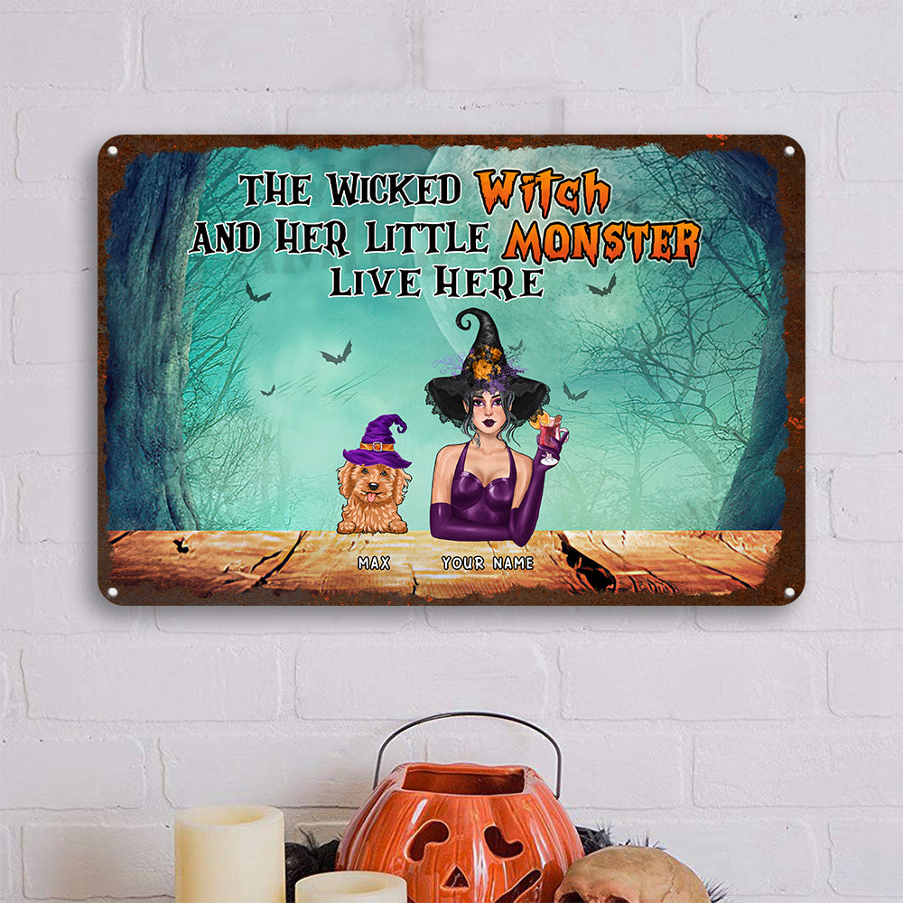 89Customized The wicked witch and her little monsters live here Halloween Witch and her dogs 2 Customized Printed Metal Sign