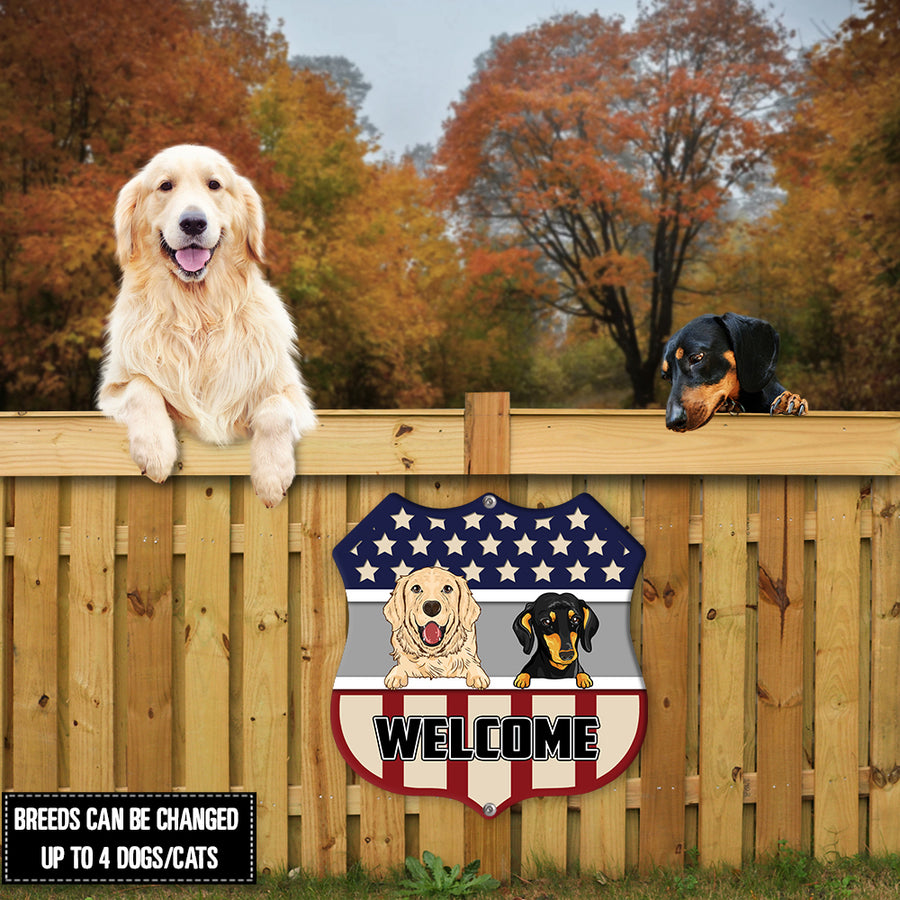 89Customized Dogs And Cats Welcome Patriotic Police Personalized Shield Metal Sign