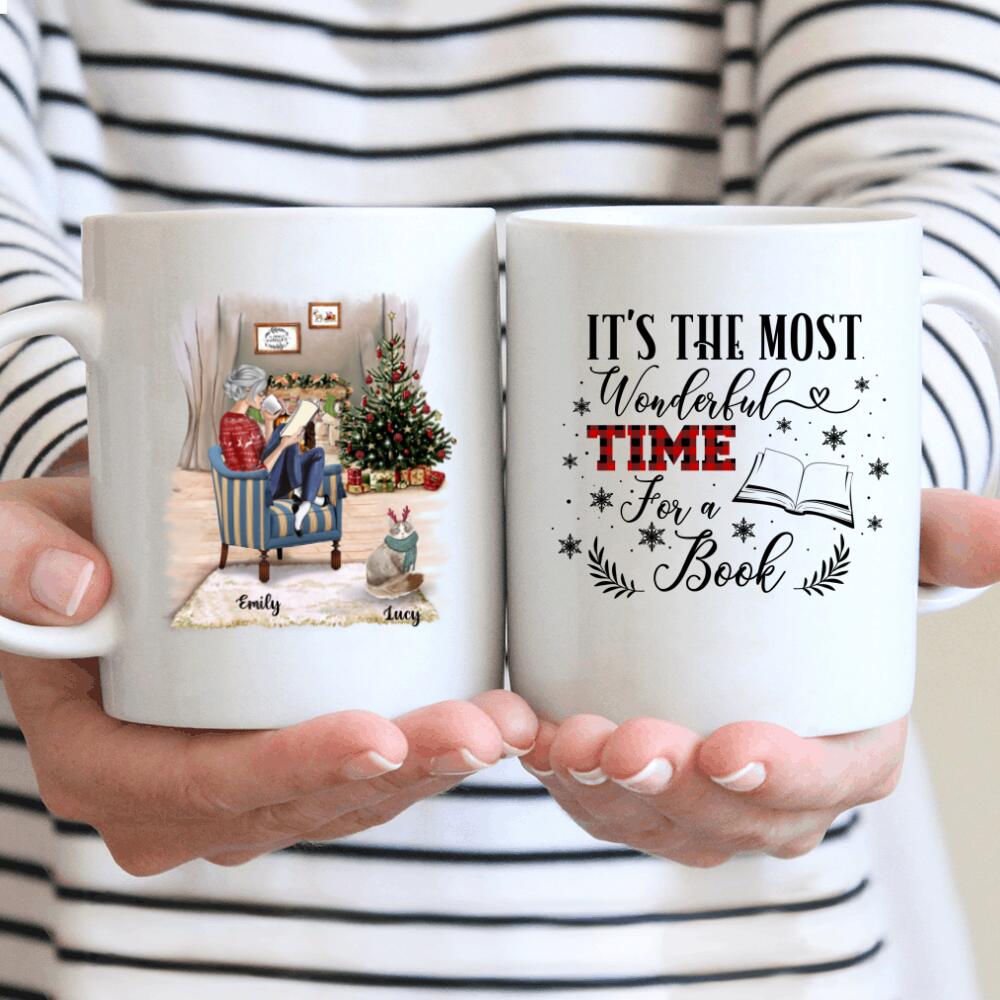Personalized Mug Christmas Girl Reading Book Loves Cats