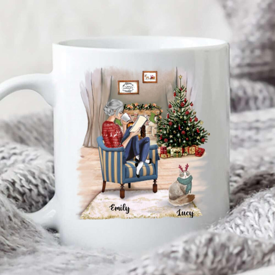 Personalized Mug Christmas Girl Reading Book Loves Cats