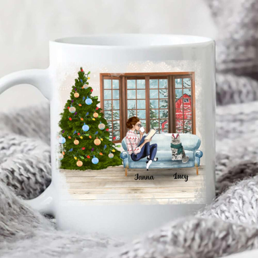 Personalized Mug Christmas Girl Reading Book Loves Cats