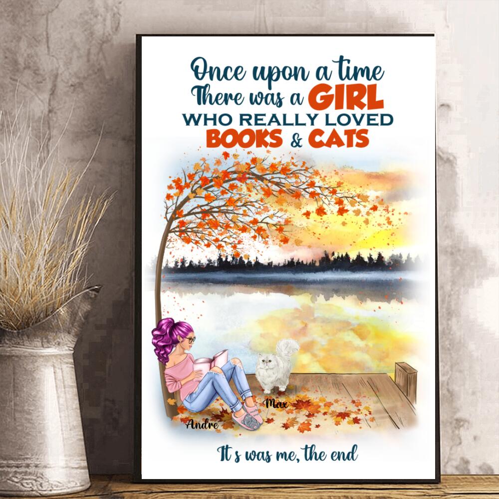 Personalized Poster Autumn Girl Reading Once Upon a Time There Was A Girl Who Really Loved Books And Cats