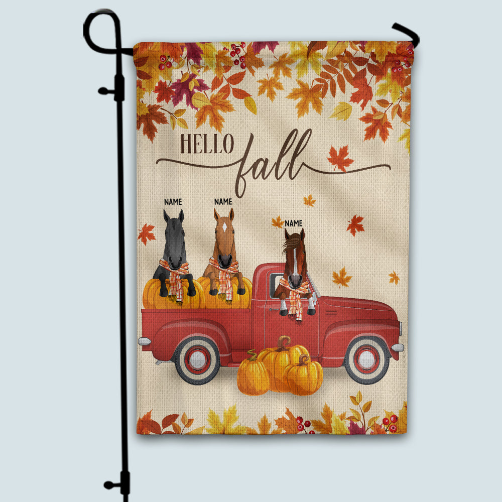 89Customized Hello Fall Horses Welcome Personalized Garden Flag