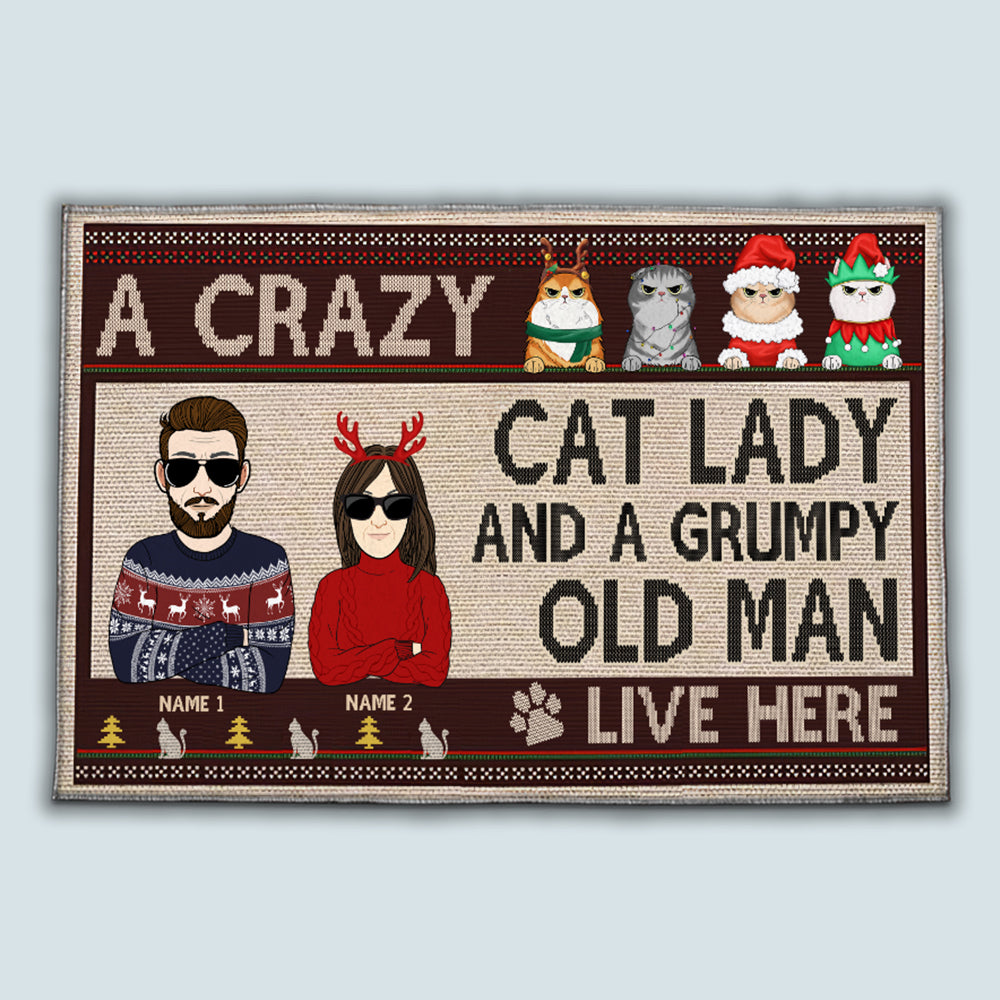 89Customized A crazy cat lady and a grumpy old man live here Christmas Personalized Doormat