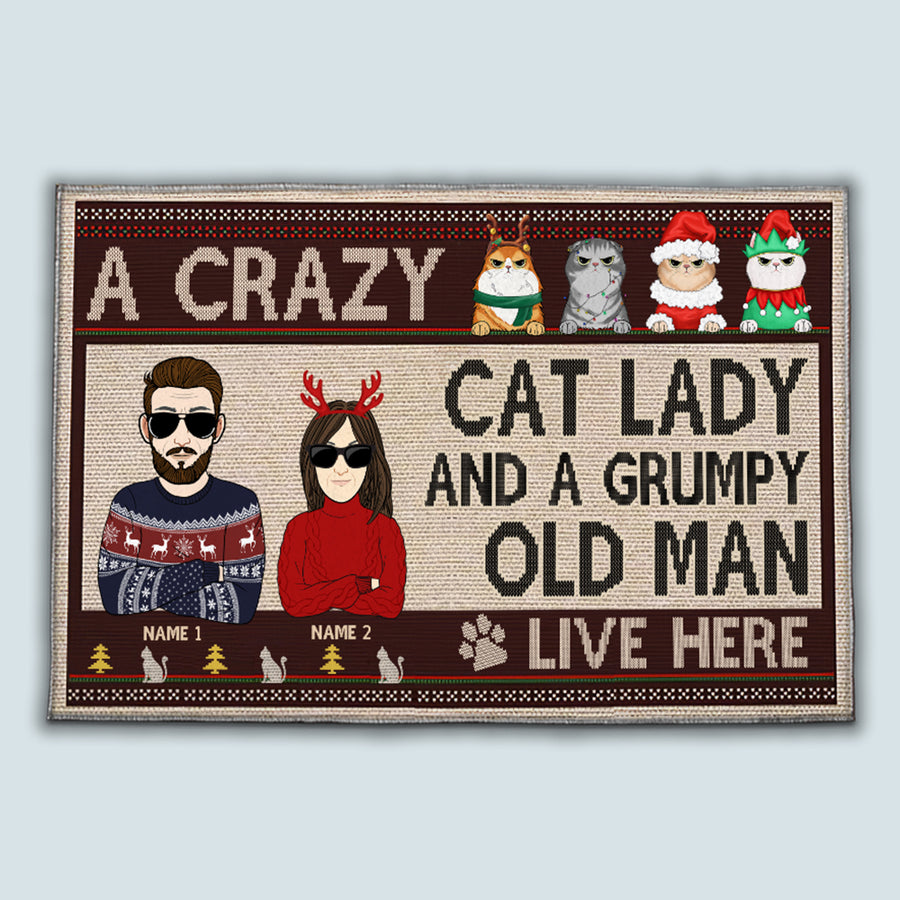 89Customized A crazy cat lady and a grumpy old man live here Christmas Personalized Doormat