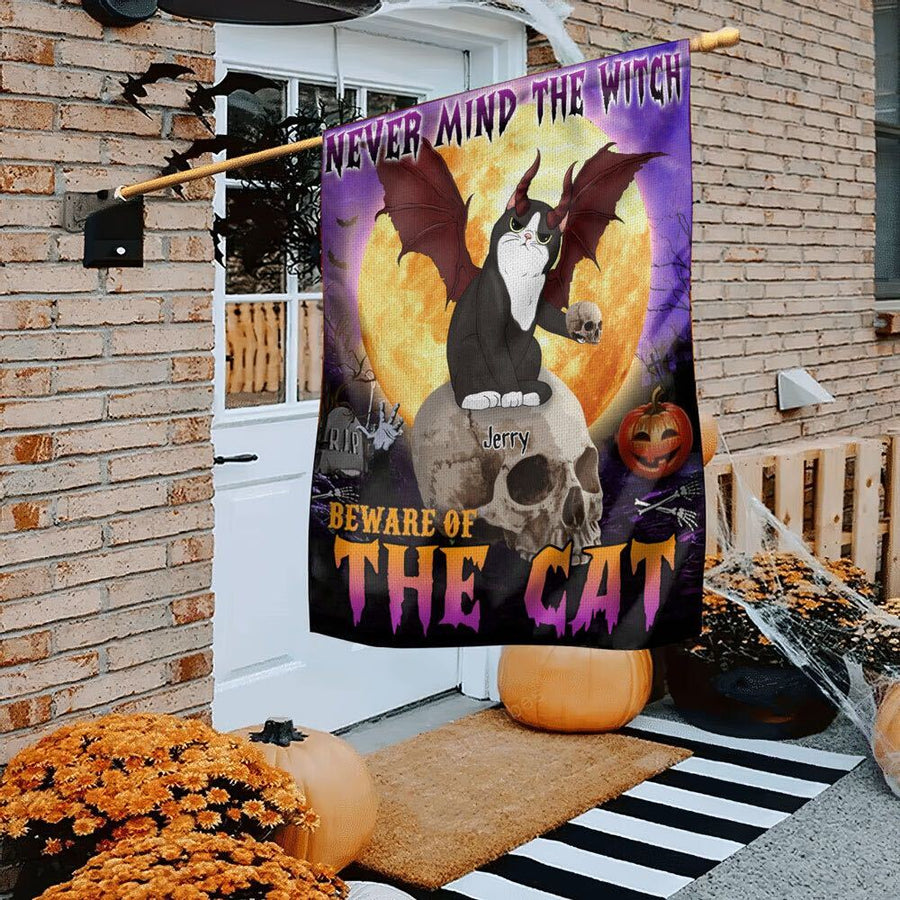 89Customized Never mind the witch Beware of the cat Halloween Cat Personalized Garden Flag