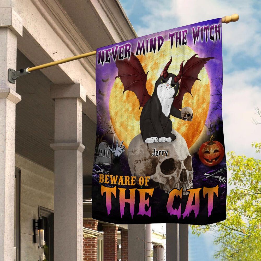 89Customized Never mind the witch Beware of the cat Halloween Cat Personalized Garden Flag