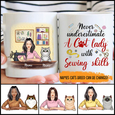 89Customized Never underestimate a cat lady with sewing skills young lady Personalized Mug