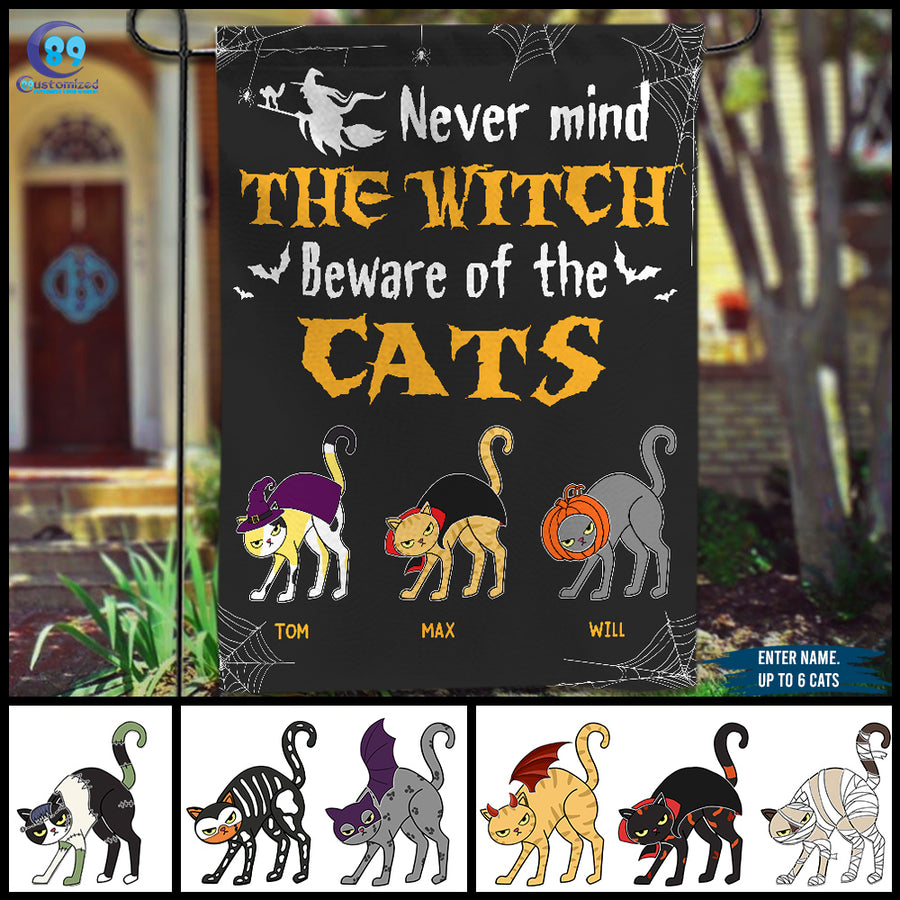 89Customized Never mind the Witch Beware of the cats Halloween Personalized Garden Flag