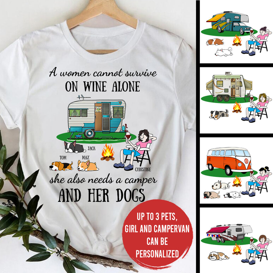 89Customized A women cannot survive on wine alone she also needs a camper and her dogs Customized Shirt