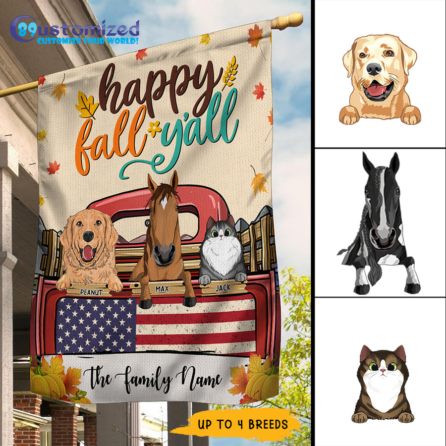 89Customized Happy Fall Y'all Horses/Cats/Dogs Personalized Garden Flag