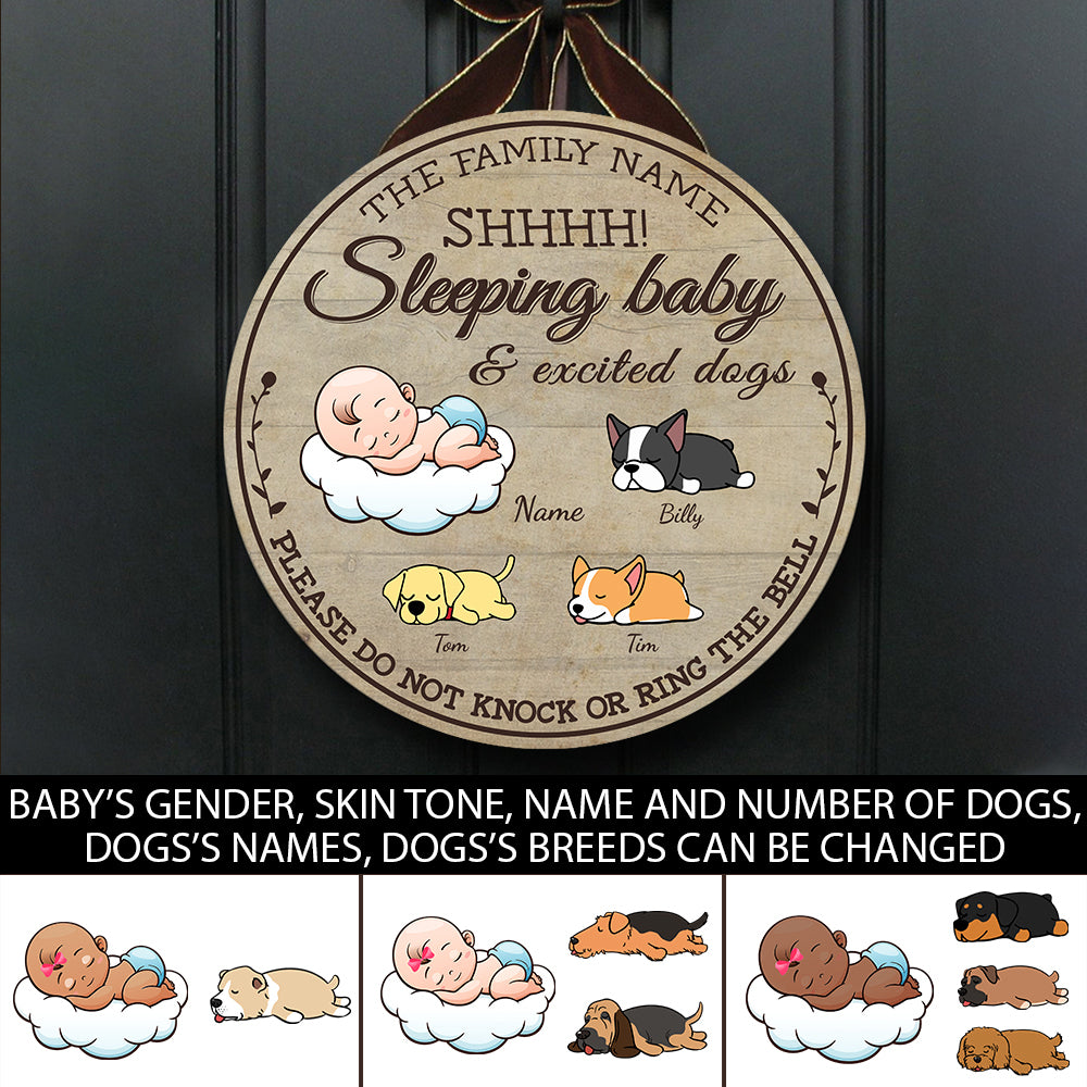 89Customized Sleeping baby and excited dogs Please do not knock or ring the bell personalized wood sign