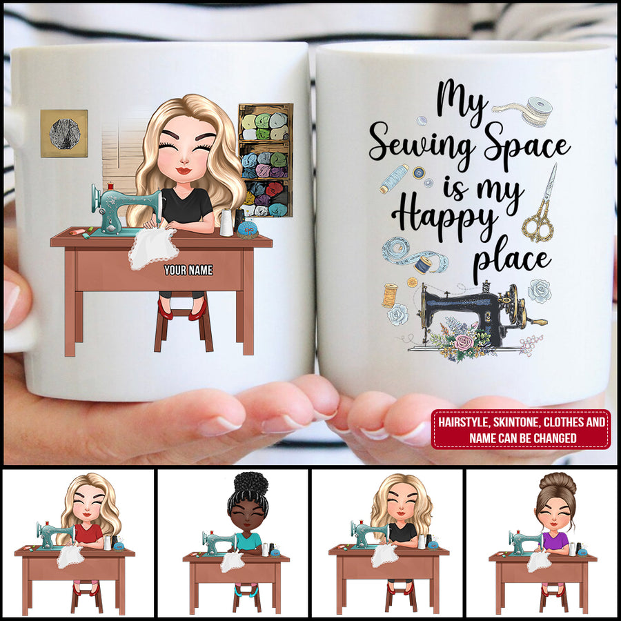 89Customized My sewing space is my happy place chibi personalized mug