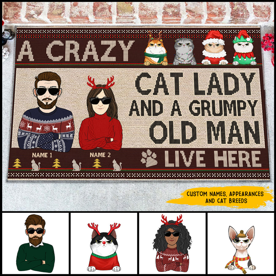 89Customized A crazy cat lady and a grumpy old man live here Christmas Personalized Doormat
