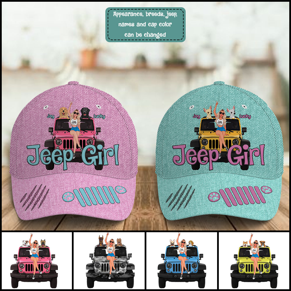 89Customized Jeep Girl And Her Dogs/Cats Personalized 3D Cap