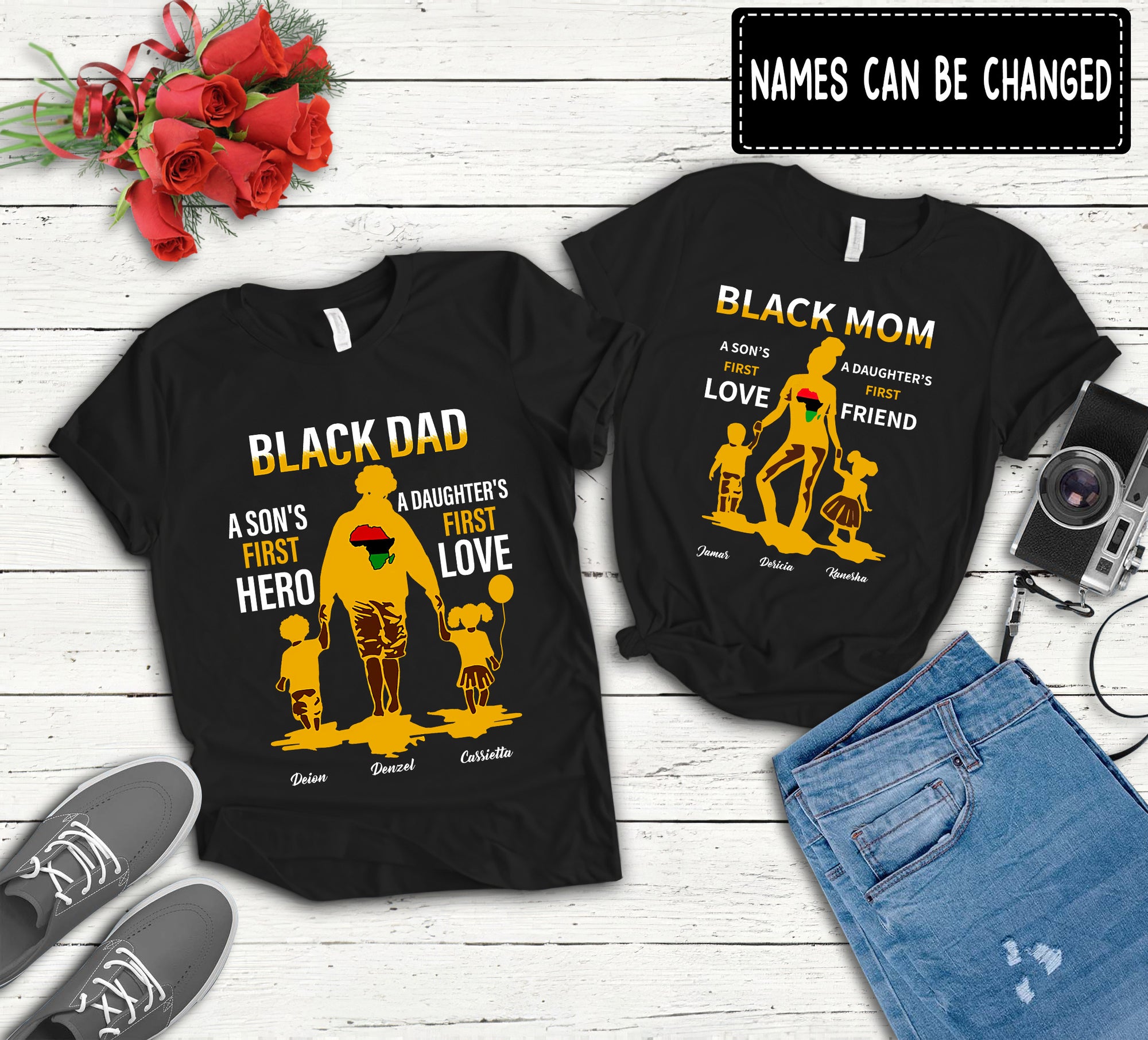 89Customized Black Dad A Son's first Hero A Daughter first Love Black Mom A Son's first Love A Daughter first Friend Shirt