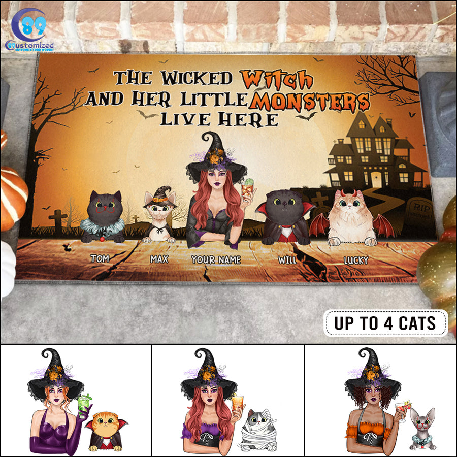 89Customized The wicked witch and her little monsters Cat Witch Customized Doormat