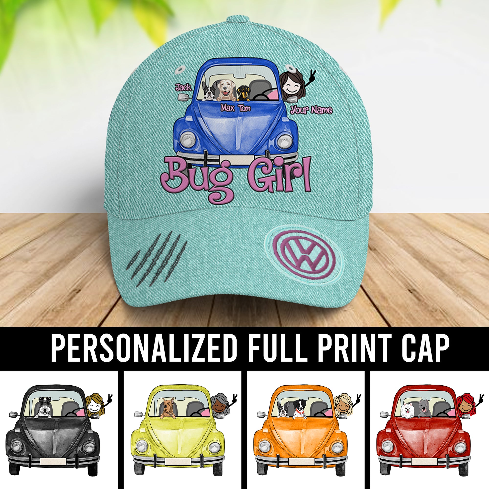 89Customized Personalized Cap VW Beetle Bug Girl Dog