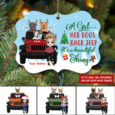 89Customized A Girl Her Dogs And Her Jeep It's A Beautiful Thing Personalized Ornament
