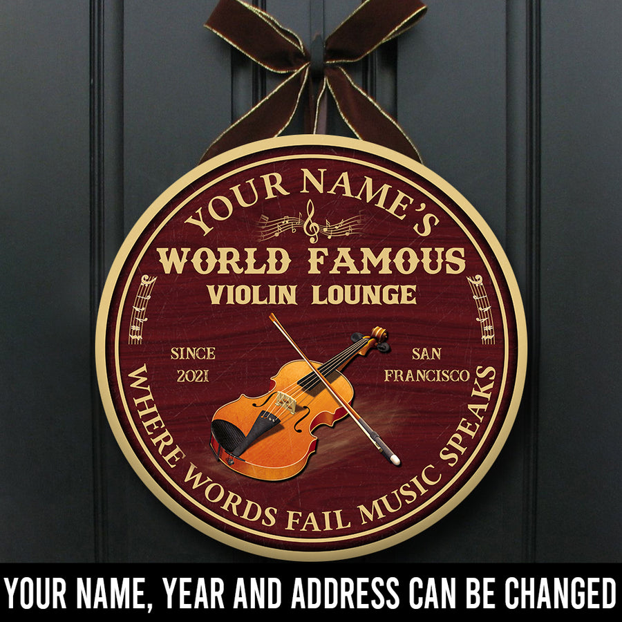 89Customized violin lounge where words fail music speaks personalized wood sign