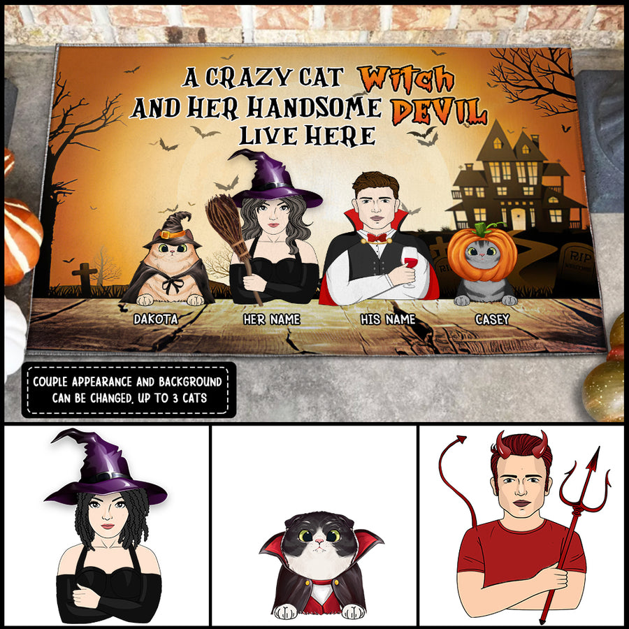 89Customized A crazy cat witch and her handsome devil live here Customized Doormat