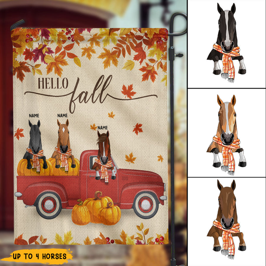 89Customized Hello Fall Horses Welcome Personalized Garden Flag