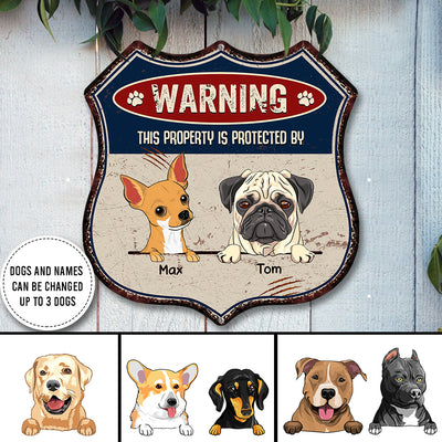 89Customized This Property Is Proctected By Dogs Personalized Shield Metal Sign