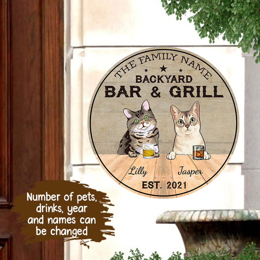 89Customized Cat Backyard Bar Grill Personalized Wood Sign