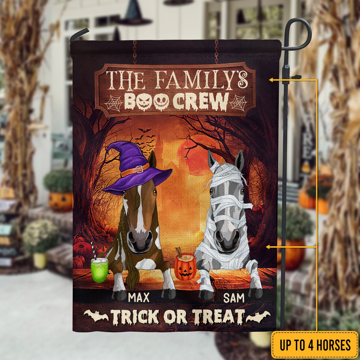 89Customized Trick Or Treat Family Boo Crew Spooky Horses Personalized Garden Flag