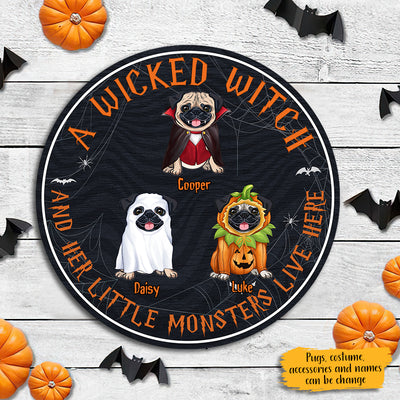 89Customized A Wicked Witch And Her Little Monsters Pugs Live Here Personalized Wood Sign