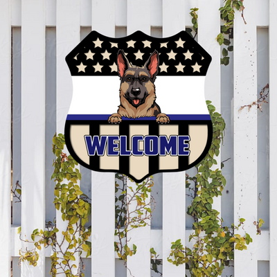 89Customized Dogs And Cats Welcome Patriotic Police Personalized Shield Metal Sign