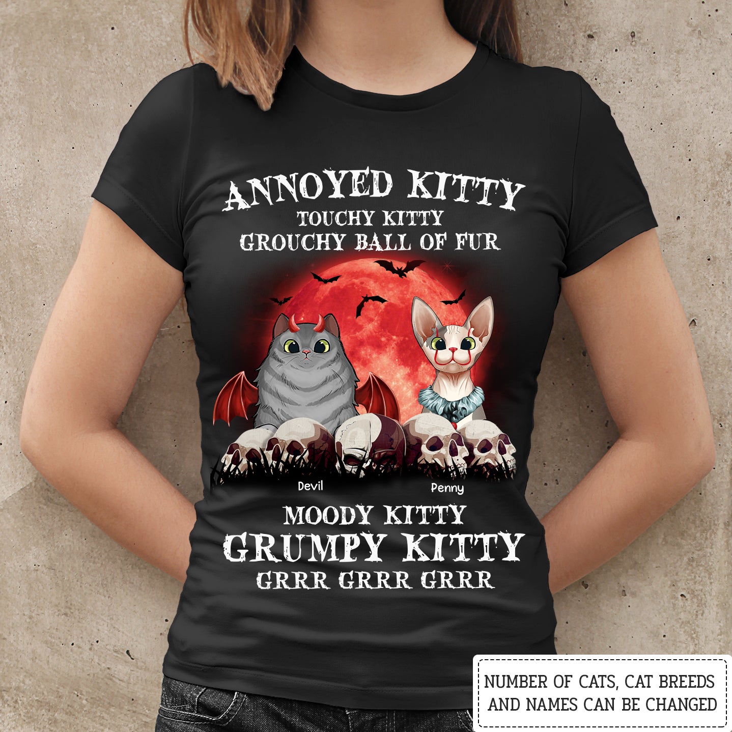 89Customized Annoyed Kitty Touchy Kitty Grouchy Ball of Fur Cat Witch Shirt