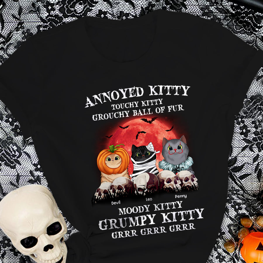 89Customized Annoyed Kitty Touchy Kitty Grouchy Ball of Fur Cat Witch Shirt