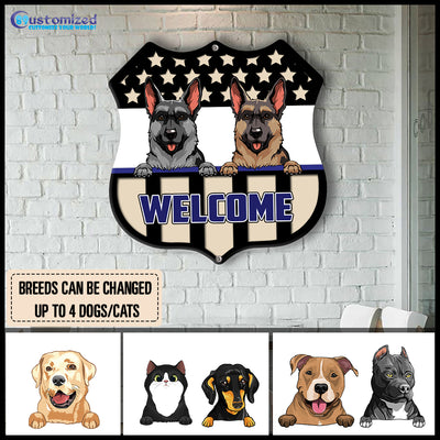 89Customized Dogs And Cats Welcome Patriotic Police Personalized Shield Metal Sign