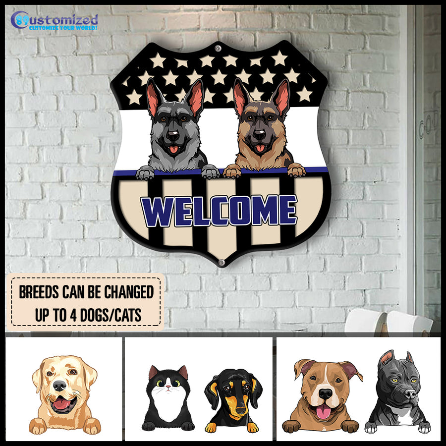 89Customized Dogs And Cats Welcome Patriotic Police Personalized Shield Metal Sign
