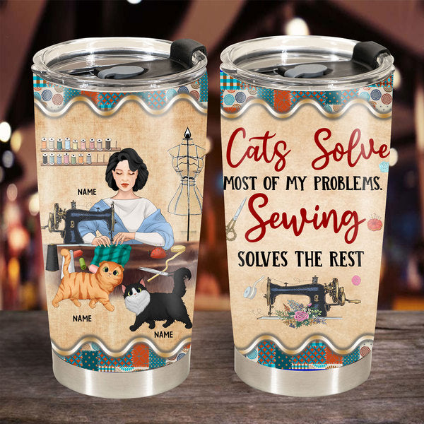 89Customized Sewing And Cats Are My Therapy - Personalized Tumbler
