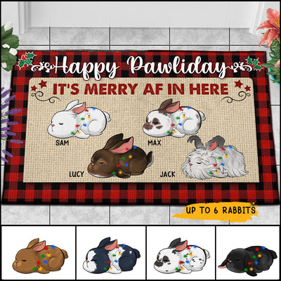 89Customized Happy Pawliday It's Merry AF In Here Rabbit Personalized Doormat