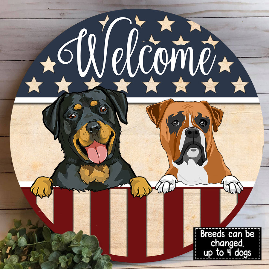 89Customized Patriotic Dogs Welcome Personalized Wood Sign