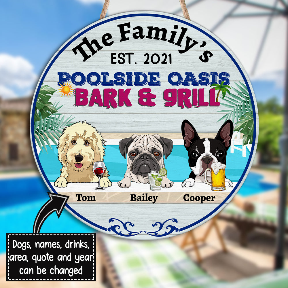 89Customized Dogs And Cats Poolside Bark & Grill Funny Personalized Wood Sign