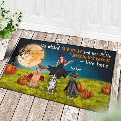89Customized A Wicked Witch And Her Little Monsters Dogs Live Here Personalized Doormat