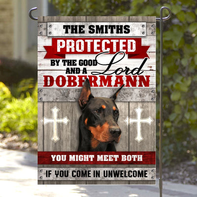 Personalized Protected By Lord and a Dobermann Garden Flag inkgo