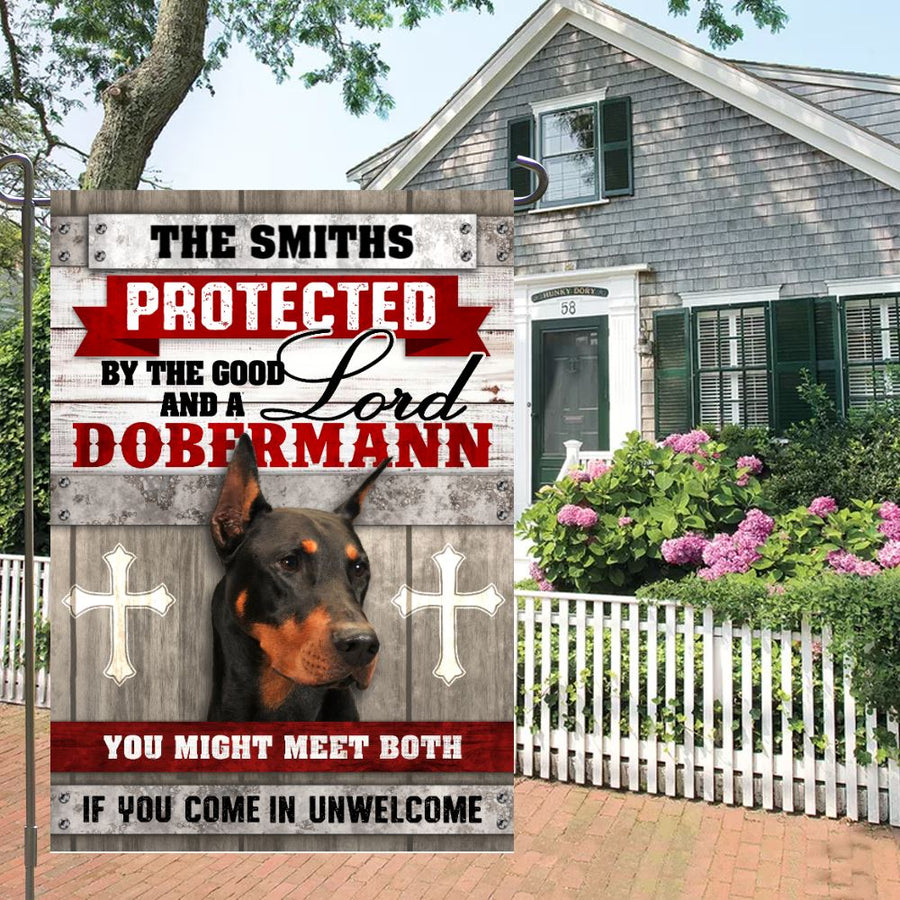 Personalized Protected By Lord and a Dobermann Garden Flag inkgo 