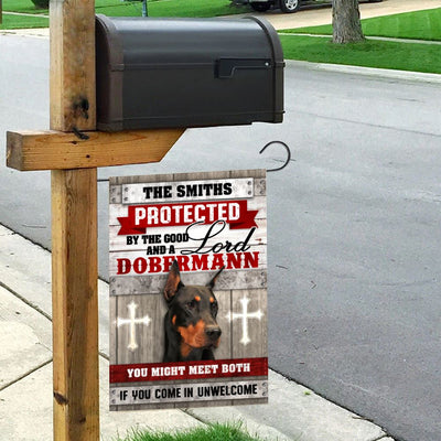 Personalized Protected By Lord and a Dobermann Garden Flag inkgo